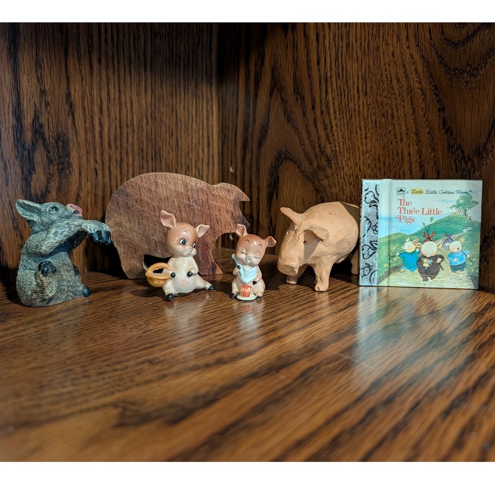 Josef Three Little Pigs Collection Japan Pigs Wolf Book Wood Decor 6 pc Lot